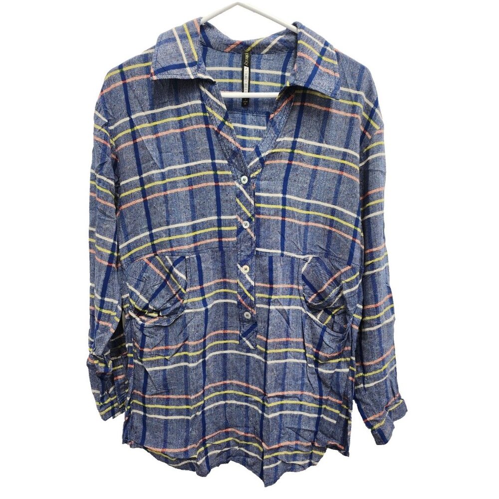 Plenty by Tracy Reese Womens BOHO Tunic Top Medium Blue Plaid Half Button Casual